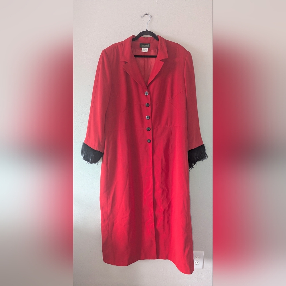 22W Harve Benard Vintage Red Long Coat w/ Black Feather Trim